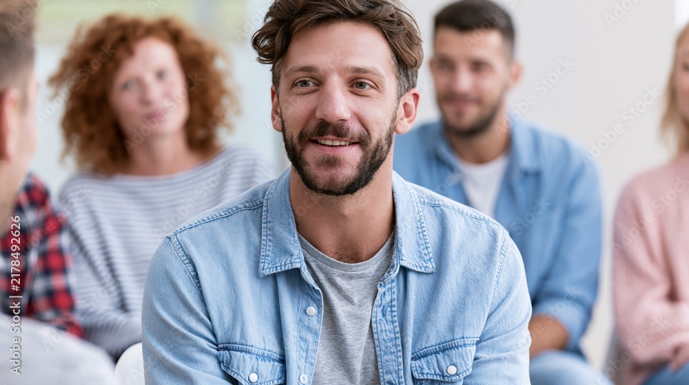 Fototapeta premium Man shares his experience in a support group, smiling and looking engaged with others
