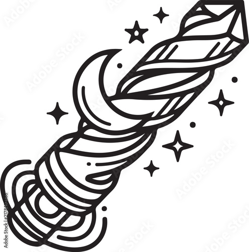 Minimalist Cosmic Drill Bit Line Art Illustration with Stars and Crescent Moon for Tattoo Design