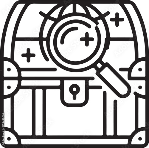 Treasure chest with magnifying glass line art icon for search discovery and hidden data value