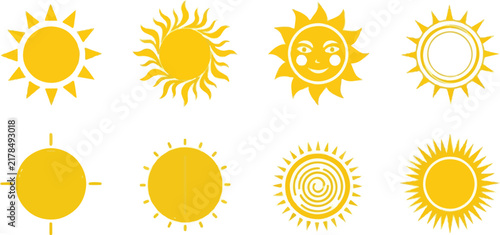 Yellow sun icon with rays on white background