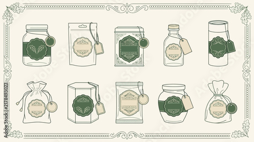 Collection of Vintage Packaging Elements for Tea, Herbs, and Spices