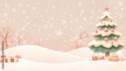 Christmas Tree with Gifts in Snowy Winter Landscape Background
