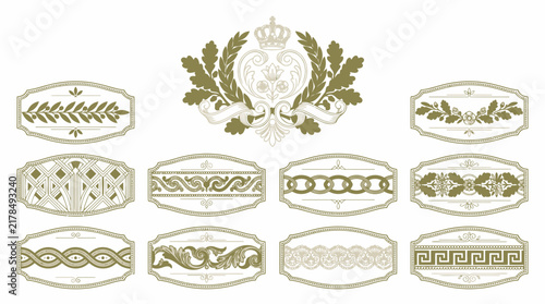 Decorative Borders and Ornate Crest Emblem, Vintage Design Elements