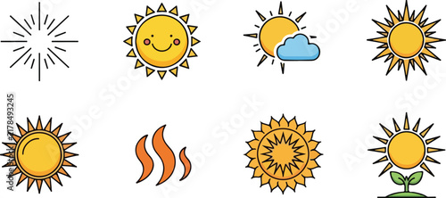 Yellow sun icon with rays on white background