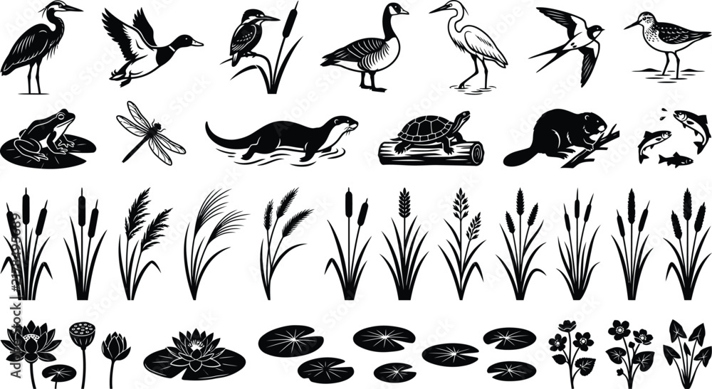 Fototapeta premium Wetland Wildlife Silhouette Set With Birds Animals Plants And Pond Elements