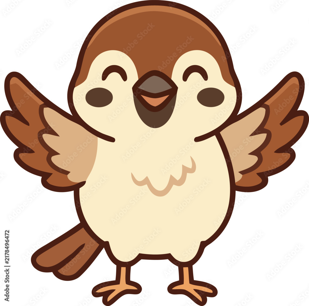 Obraz premium Cartoon sparrow illustration with outstretched wings and a light brown color palette 