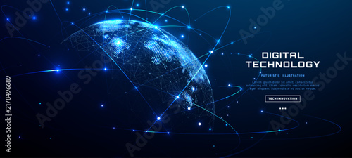 Digital world map with glowing network connections, orbital lines and illuminated dots around blue globe with copy space. Futuristic global internet, communication and technology concept. Vector