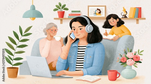 Woman on video call with headphones, while grandmother and daughter are nearby