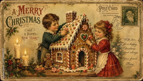 Vintage Christmas postcard with children decorating gingerbread house in engraving sketch holiday illustration style