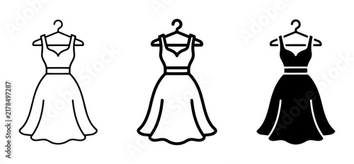Fashion Dress Icons, Vector Set: Elegant Garments on Hangers, Outline and Silhouette Styles