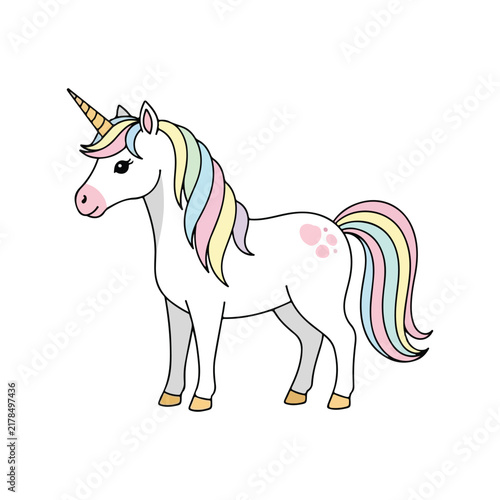 Magical pegasus unicorn with colorful rainbow mane and wings on white background.