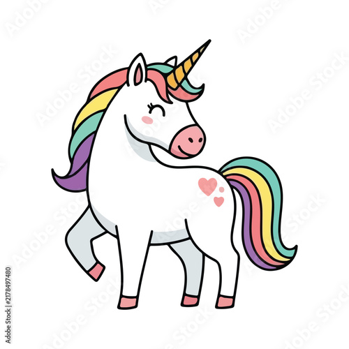 Magical pegasus unicorn with colorful rainbow mane and wings on white background.