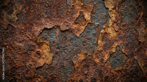 Corrosion and rust on weathered iron creating a rough texture for safety or structural signage