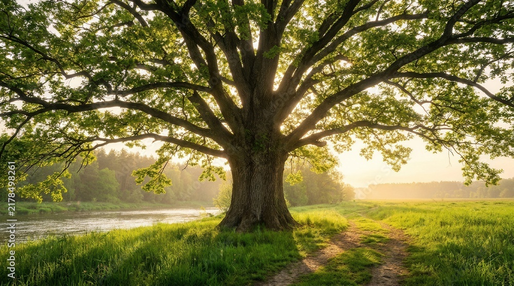 Fototapeta premium Vibrant tree with dense green leaves and sprawling branches set within a scenic natural environment