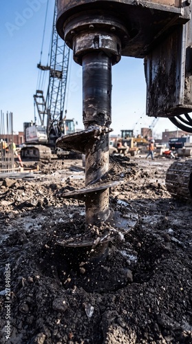 Industrial Auger Drilling Into Soil at Construction Site