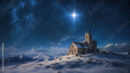 Bethlehem star shining above a snowy mountain church beneath a deep blue Christmas night sky