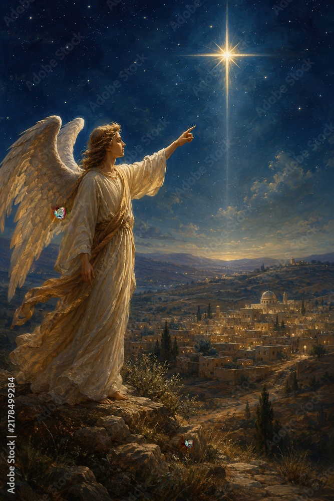 Fototapeta premium Angel pointing to the bright Star of Bethlehem above ancient city in a sacred Christmas night scene