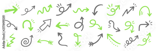 Green and grey hand drawn arrow vector set isolated on white background. Doodle pointers, curve loops, zigzag lines, and direction indicator icons pack.