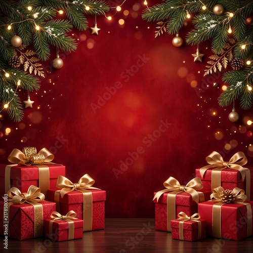 Red Christmas Gift Background with Golden Bows and Pine Branches