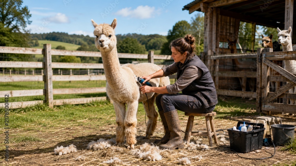 Obraz premium Female Farmer Shearing Alpaca on Rural Farm – Alpaca Fiber, Livestock Care and Sustainable Agriculture