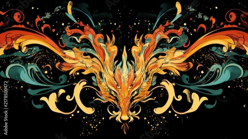Abstract Phoenix Bird Fire Illustration with Decorative Flourishes