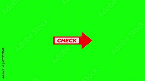 Red arrow with the word check on a vibrant green chroma key background for video editing and motion graphics 4K Rasolution