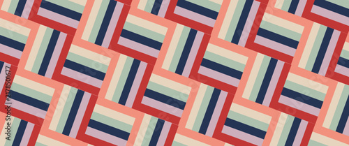 Retro-inspired geometric pattern of pastel stripes arranged in alternating square tiles. 