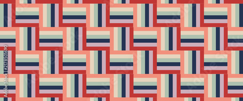 Retro-inspired geometric pattern of pastel stripes arranged in alternating square tiles. 