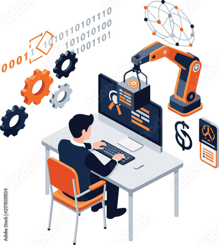 3D isometric illustration of person at computer controlling robotic arm, gears and binary code, concept for automation, future technology and digital industry.