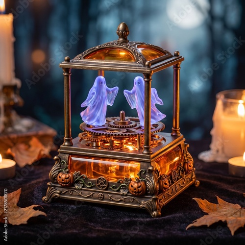 Vintage steampunk music box with glowing ghosts and gears