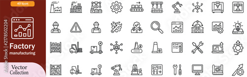 Factory and manufacturing Web Icon Set in Linear Style. Collection of manufacturing line icons, including automation, plants, industrial, production, machine, warehouse