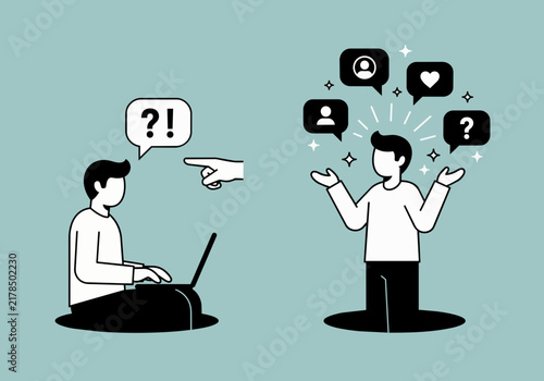 Man accused with laptop, receiving social media icons and question marks, pointing finger with speech bubble, perfect for online communication, cyberbullying and confusion concepts.
