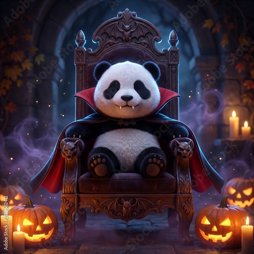 Cute panda wearing a vampire cape sitting on a gothic throne