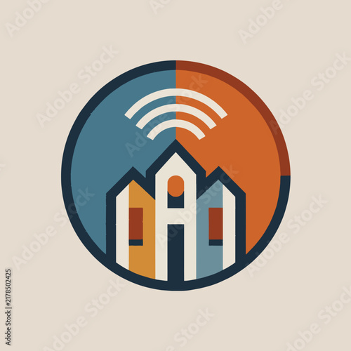 Stylized houses with Wi-Fi signal icon, isolated on transparent background, concept for smart home technology, real estate marketing and internet connectivity services.