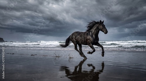Obraz na płótnie Black horse galloping along the sandy beach near the ocean under stormy sky