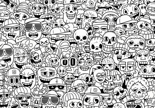 Whimsical doodle art collage of diverse cartoon characters and skulls, isolated on transparent alpha, perfect for graphic design, animation and branding.