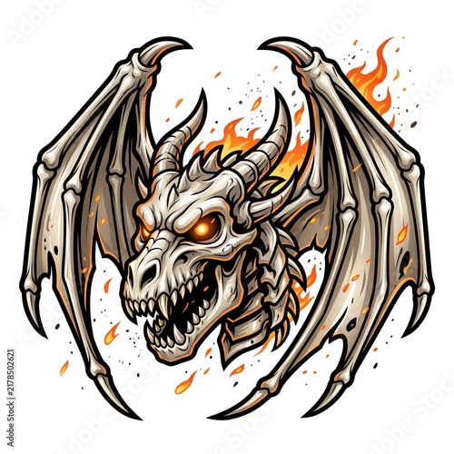 Mighty Bone Dragon Skull Head with Spooky Fiery Wings Vector Illustration - Horror Skeleton Monster Sticker Isolated