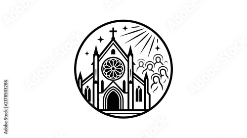 Circular church building line art icon with congregation and sunbeams