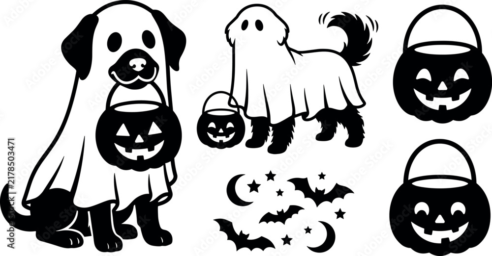 Obraz premium Dogs in Ghost Costumes with Halloween Buckets and Decorations