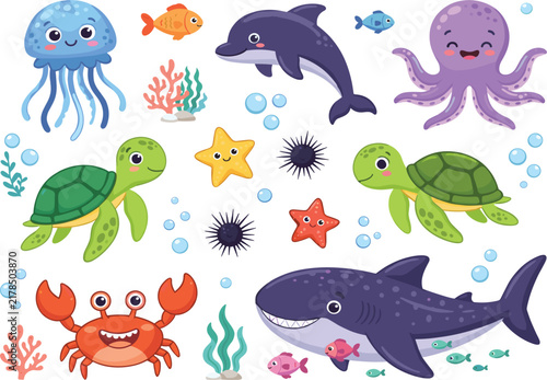 Cute Ocean Animals Vector Set Featuring Blue Jellyfish Dolphin Purple Octopus Sea Turtles Whale Shark Crab Starfish Coral and Seaweed for Marine Graphic Designs