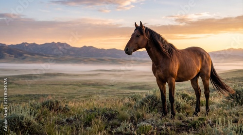 Brown horse standing on a grassy hill overlooking a foggy valley at sunrise