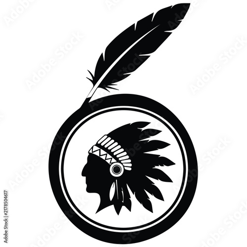 Native american chief silhouette vector line art with feather in circle for tribal emblem.