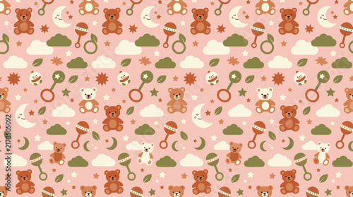 Cute Teddy Bears, Moon, Stars and Clouds Seamless Pattern