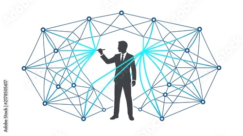 Businessman Silhouette Drawing Glowing Network of Connected Nodes