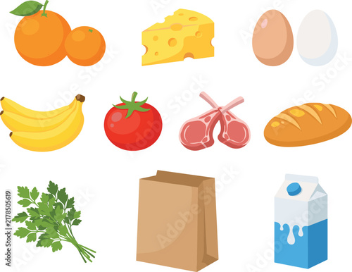Grocery Shopping and Fresh Food Vector Set Featuring Oranges Cheese Wedge Eggs Bananas Tomato Lamb Chops Bread Parsley Paper Bag and Milk Carton for Food Graphic Designs
