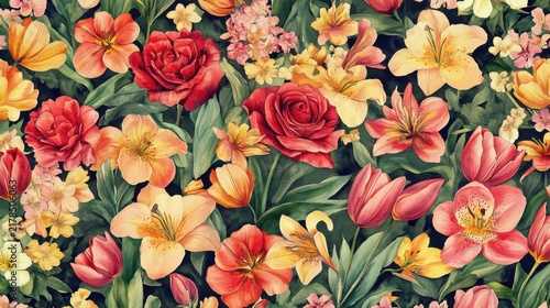 Vintage Botanical Floral Pattern with Red and Yellow Garden Flowers