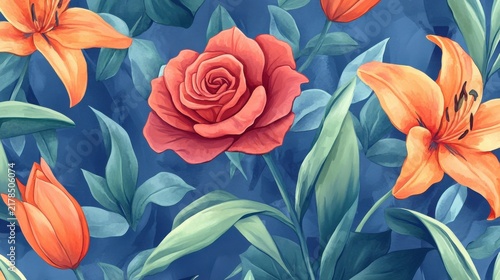 Seamless Floral Pattern with Orange Lilies and Red Rose on Blue Background