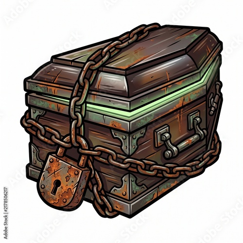 Ancient Wooden Coffin Box Secured with Heavy Rust Chains and Padlock Vector Illustration - Mysterious Cursed Treasure Chest Sticker Isolated