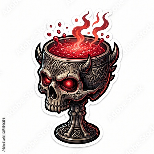 Ornate Gothic Skull Chalice Goblet Filled with Bubbling Red Liquid Vector Illustration - Witchcraft Sacrificial Cup Sticker Isolated