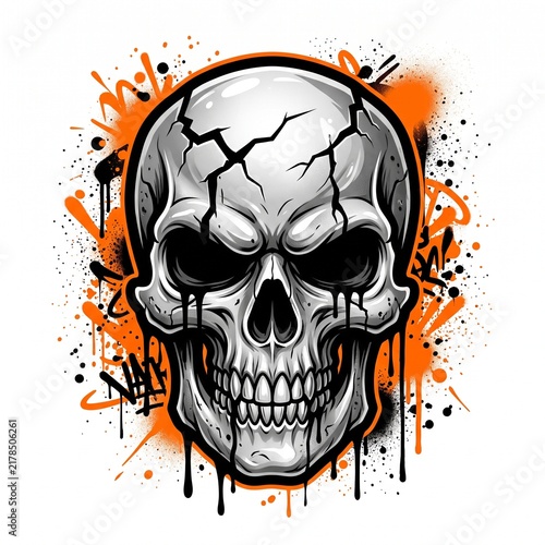 Grungy Urban Street Art Skull with Cracked Head and Orange Spray Splatter Vector Illustration - Streetwear Skull Sticker Isolated